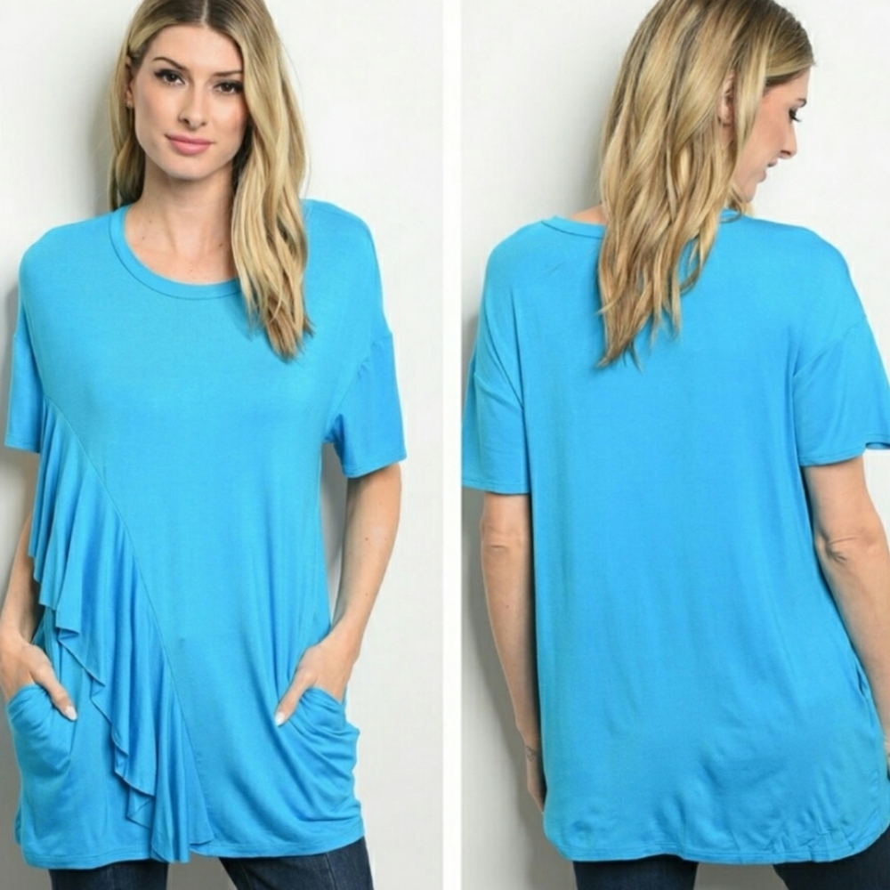 Watermelon ruffled front top turquoise Large